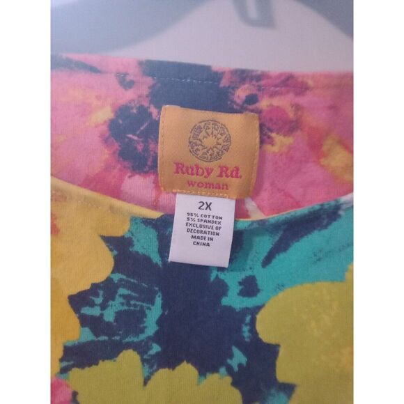 Floral Top Ruby Rd 2X 3/4 Sleeves Pink Yellow Green - Picture 4 of 6